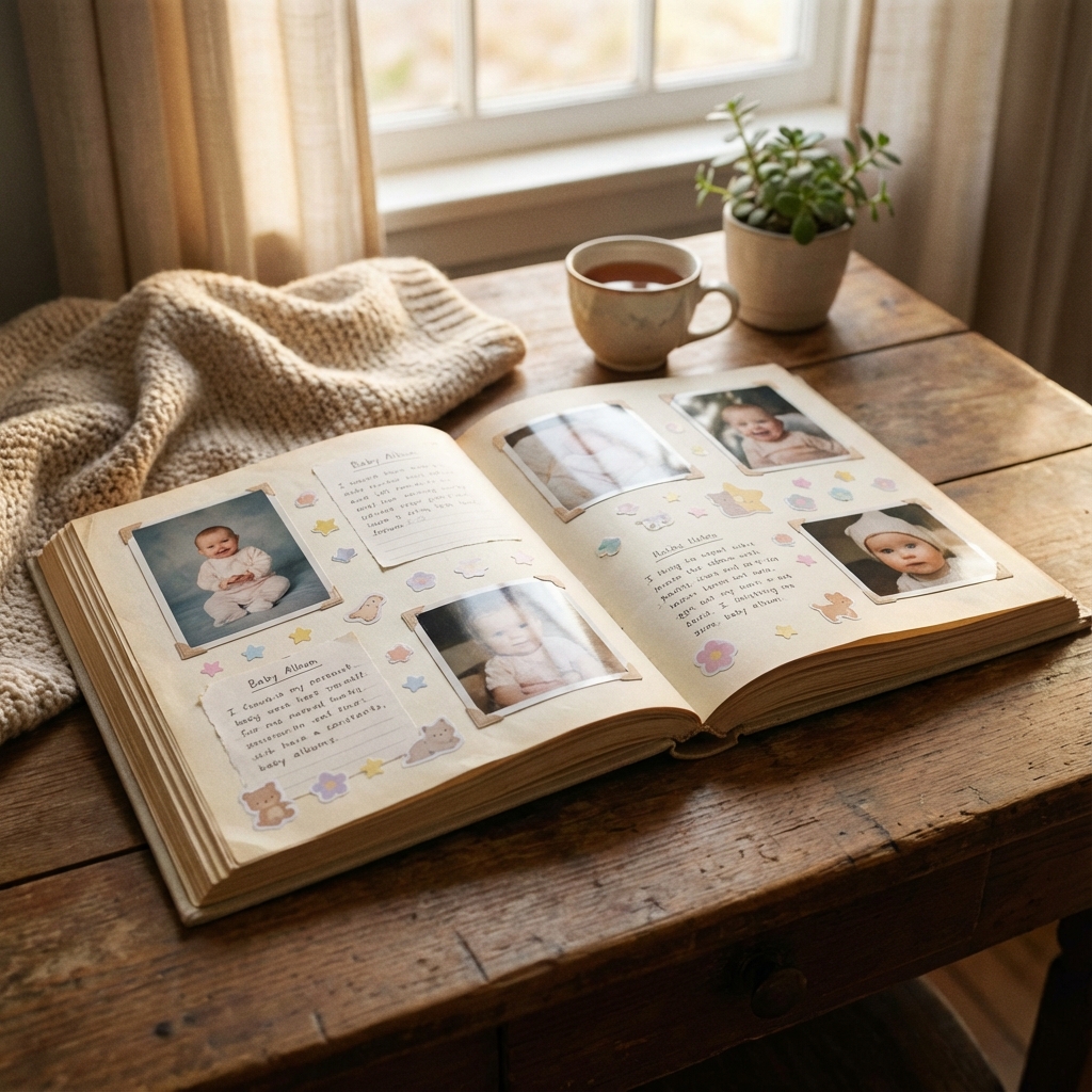 Liebevoll gestaltetes Babyalbum mit Stickern auf einem Holztisch