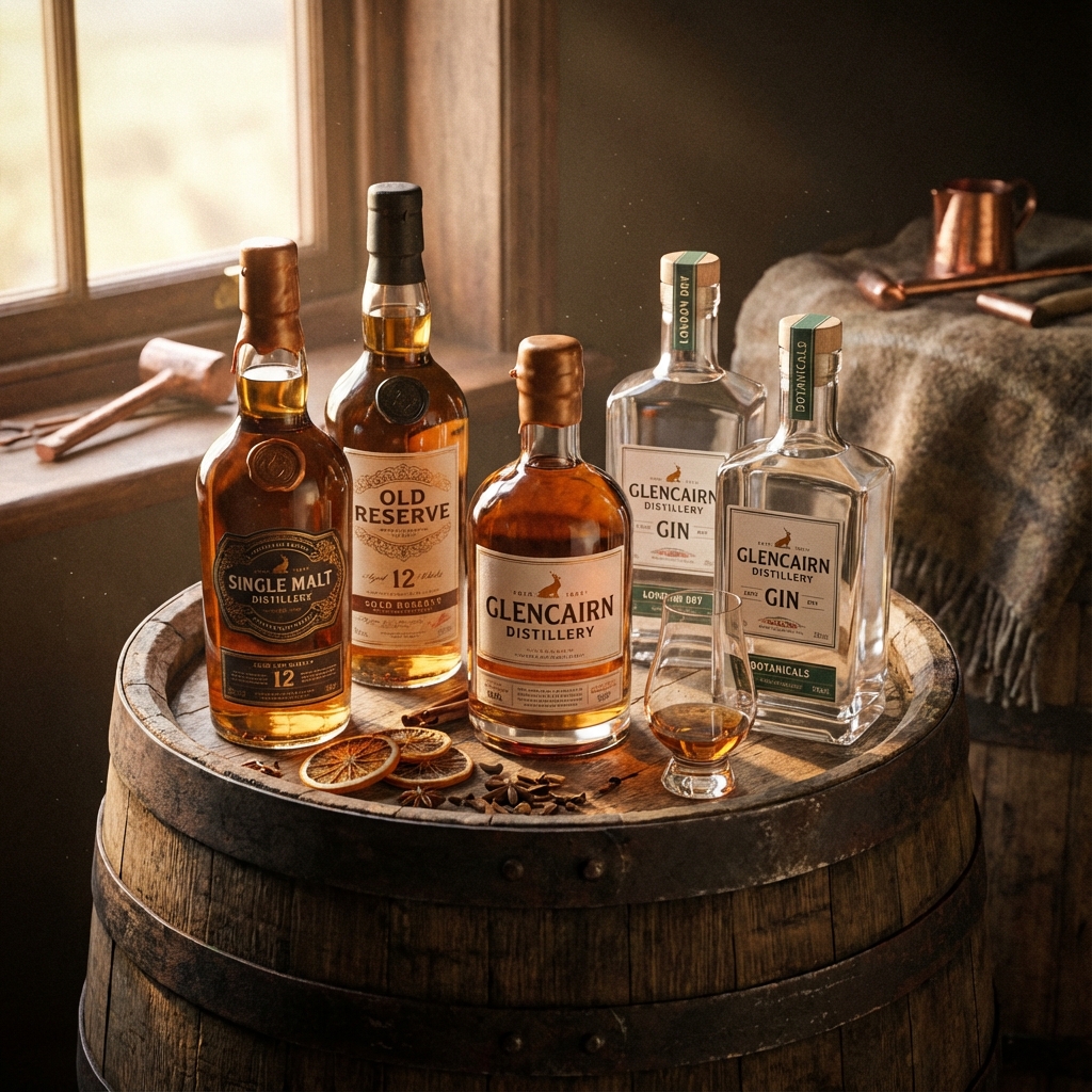 Edle Whisky- und Ginflaschen der Brennerei Weyand auf einem rustikalen Holzfass